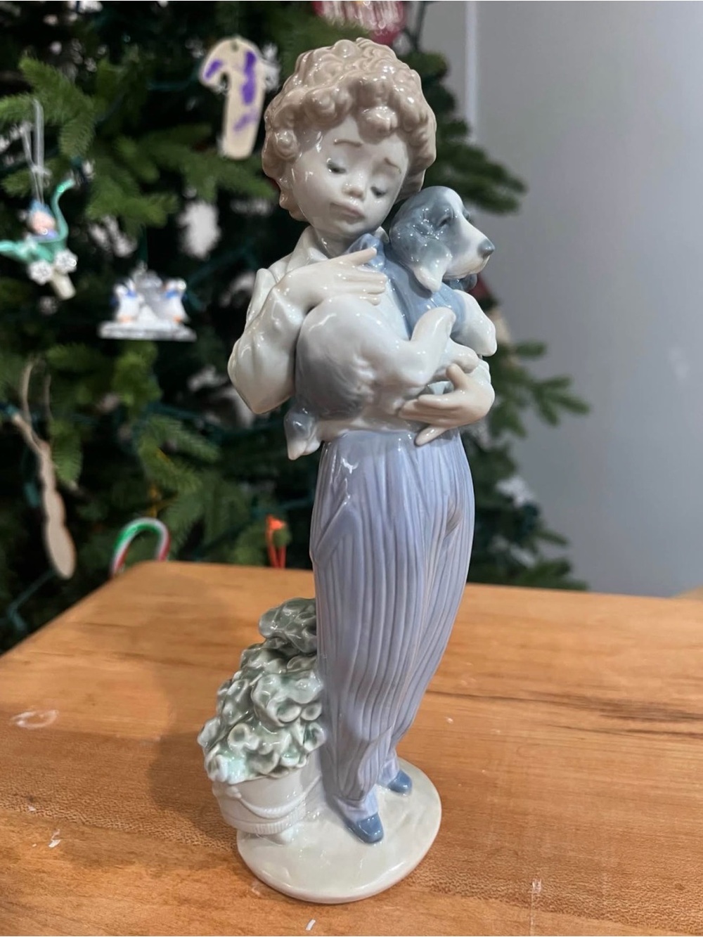 Lladro (My Buddy) Porcelain Boy Figurine in Pale Blue and Cream Holding Puppy